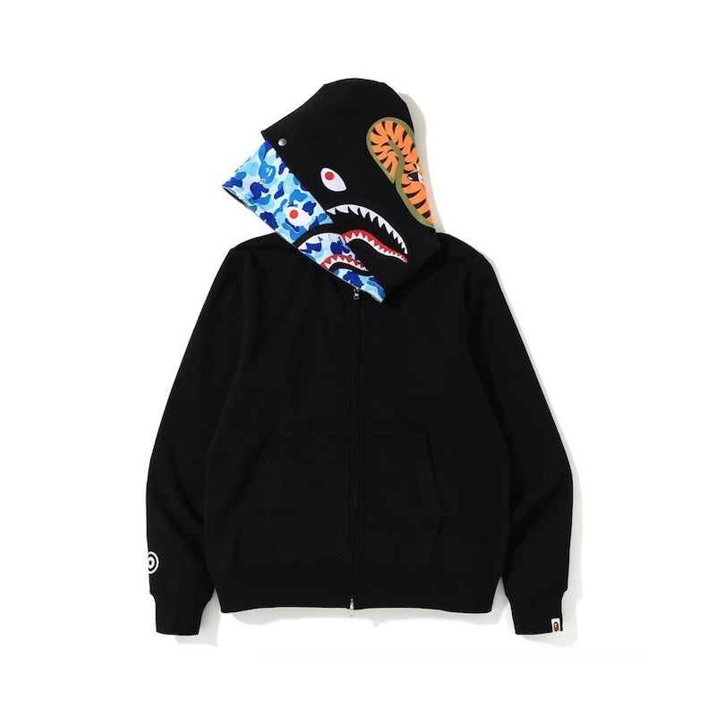 Bape Layered Camo Shark Full Zip Hoodie Black/ABC Camo Blue)