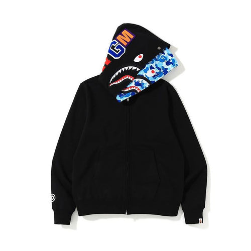 Bape Layered Camo Shark Full Zip Hoodie Black/ABC Camo Blue)
